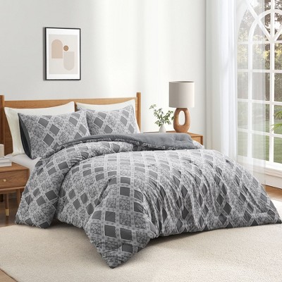 Ultra Soft Reversible Printed Stripe Microfiber Comforter Set - All-Season Warmth, Dark Grey - King