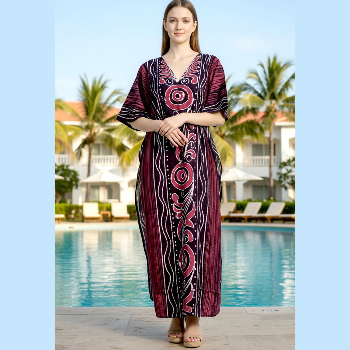 LA LEELA Summer Cotton Resortwear Caftan for Women Vacation Cruise Holiday Loungewear Maternity Friendly Beach Maxi Dress 1X-2X Red Paisley - thumbnail 3