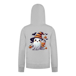 Everyday Kids Halloween Zip Up Hoodie – Cute Ghost with Witch Hat and Pumpkin Drink – Cozy Fall Sweatshirt for Girls, Heather Gray - 1 of 3