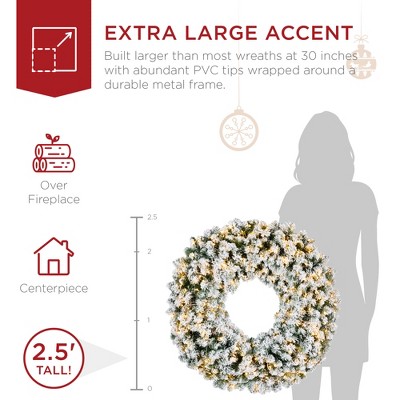 30-Inch Snow-Flocked Artificial Fir Christmas Wreath with LED Lights