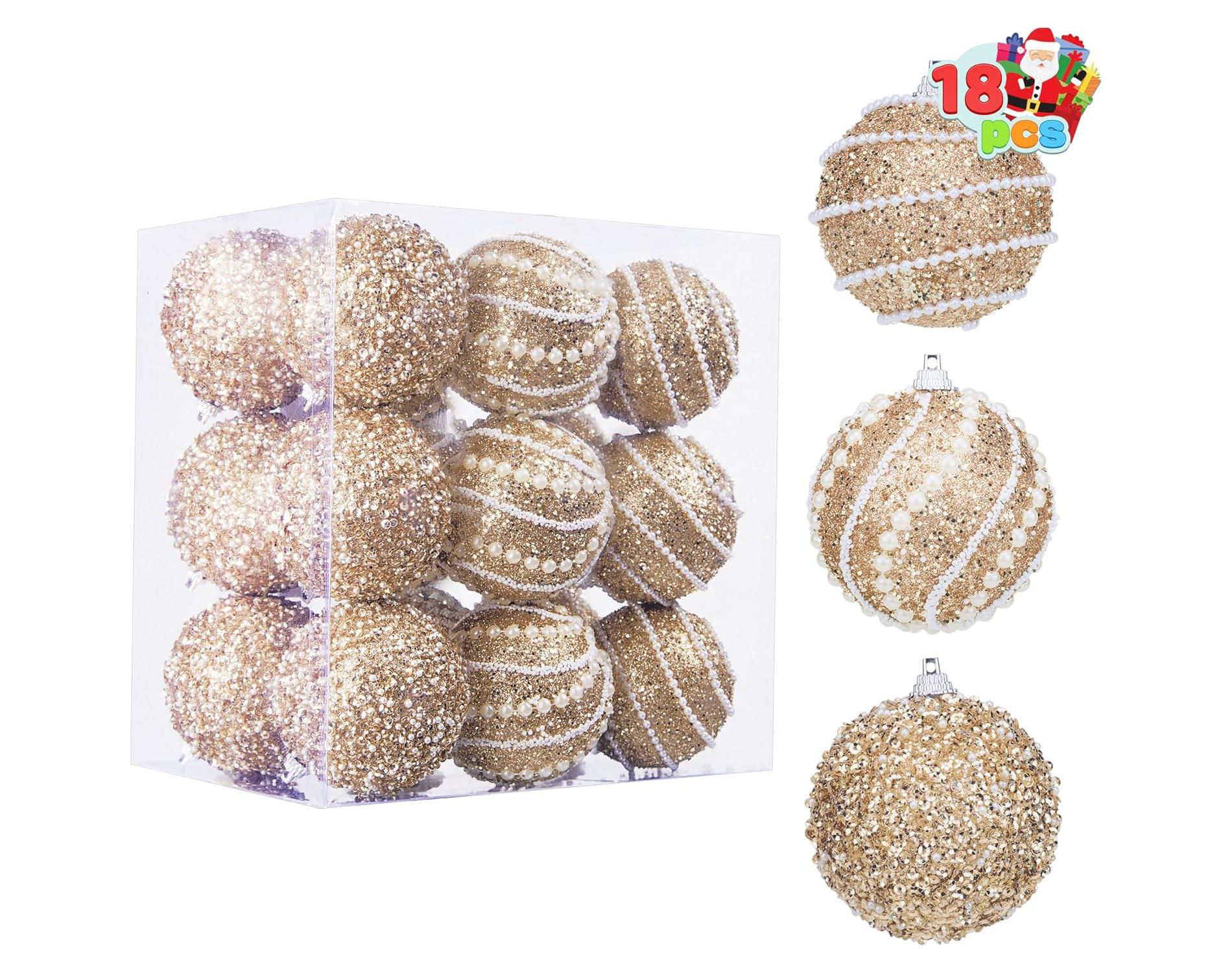 Joyfy 18 Pcs Pearl Christmas Ball Ornaments, 2.76" Champagne Glitter Christmas Ball Decorations Sets, Xmas Tree Hanging Balls Decoration
