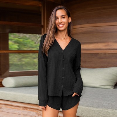 Women's Elegant Black Ribbed Long Sleeve Button-Down Top with Shorts Pajama Set - Cupshe