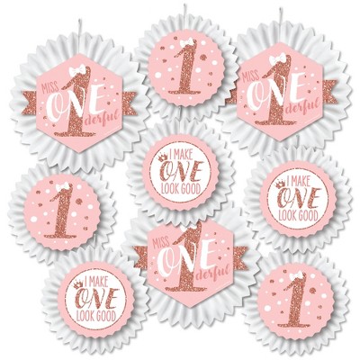 Big Dot of Happiness 1st Birthday Little Miss Onederful - Hanging Girl First Birthday Party Tissue Decoration Kit - Paper Fans - Set of 9