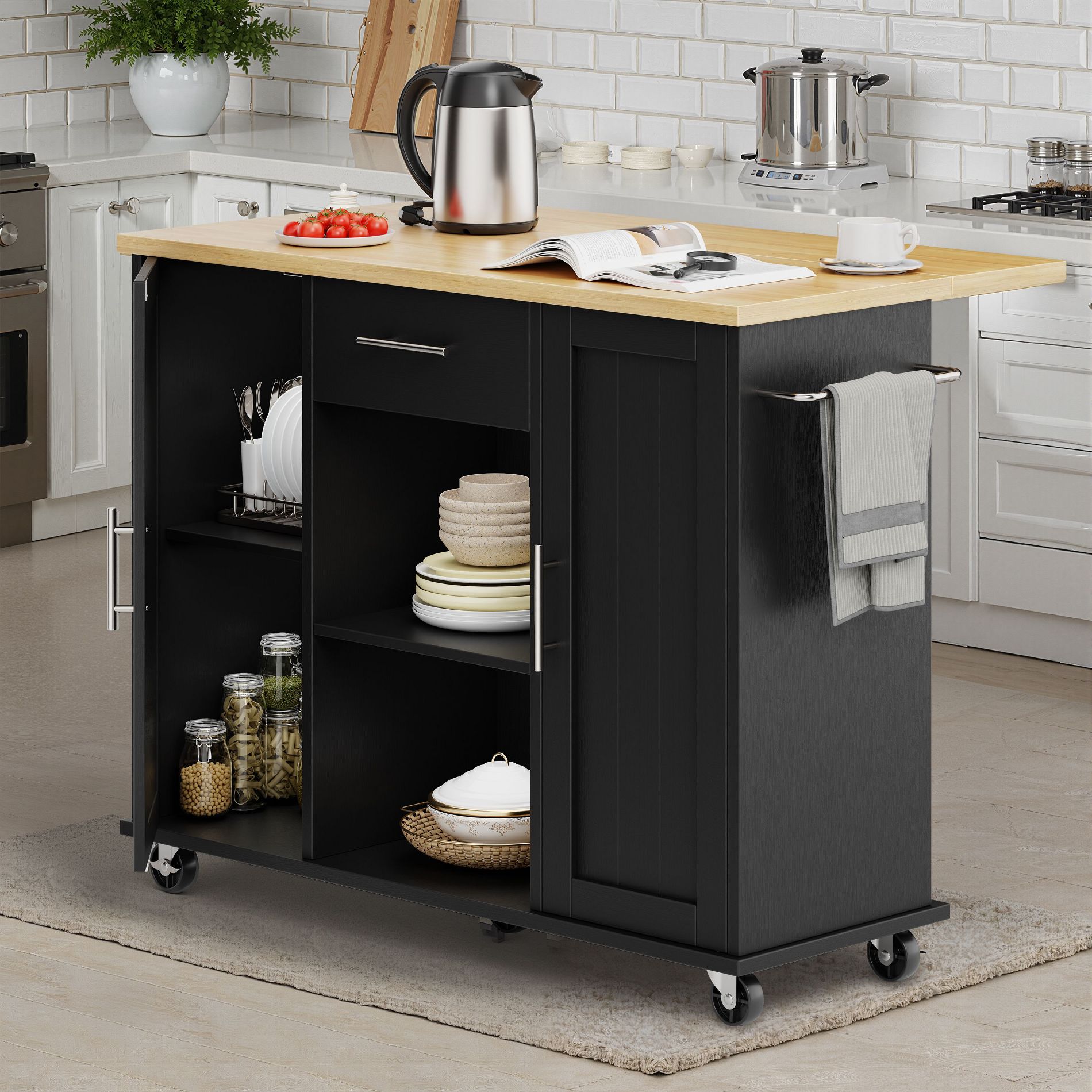 Celebalcony Rolling Kitchen Island Cart With Butcher Block Top – Portable Workstation With Storage Shelves & Locking Wheels
