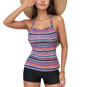 Anna-Kaci Swim Women's Striped Tankini Top and Mid-Rise Swim Shorts Two-Piece Swimsuit with Ruched Neckline and Wide Shoulder Straps - 1 of 4
