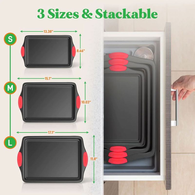 NutriChef Kitchen Oven Non Stick Gray Coating Carbon Steel 3 Piece Cookie Sheets Bakeware Set with Heat Resistant Red Silicone Handles, 2 of 6