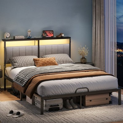 Bestier Full & Queen Size Bed Frames with Upholstered Headboard,Standard Bed Frame and Built-in Mattress Slide Stopper, LED Lights, USB Charging, Gray