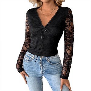 Women's Back See-Through Floral Lace Long Sleeve Fitted Blouse Tops with Deep V-Neck - 1 of 4