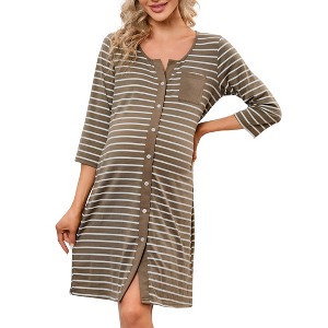 Clearlove Womens Maternity Nightgown 3/4 Sleeve Striped Night Shirt Sleepwear Full-Front Button Pajama Dress - 1 of 4