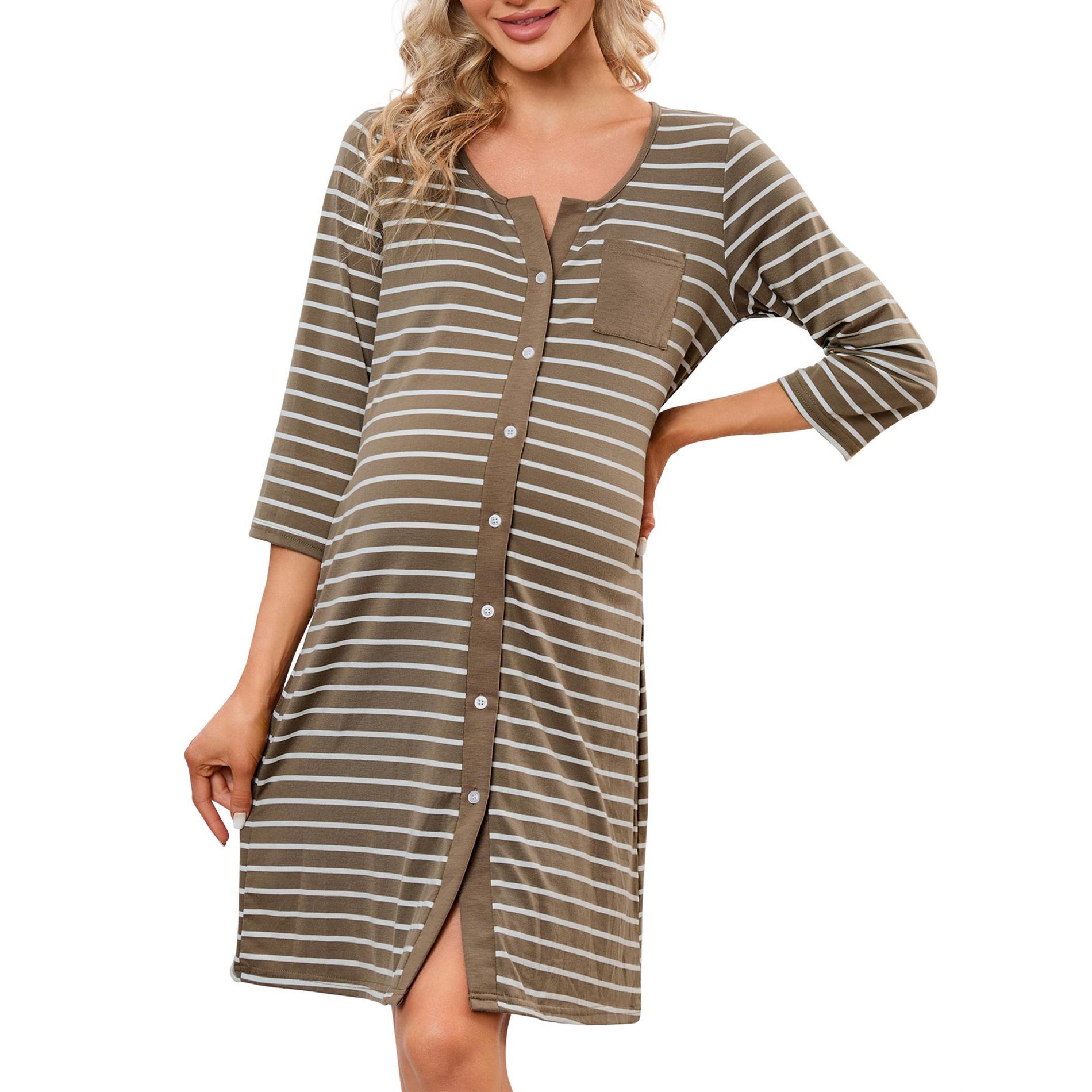 Clearlove Womens Maternity Nightgown 3/4 Sleeve Striped Night Shirt Sleepwear Full-Front Button Pajama Dress