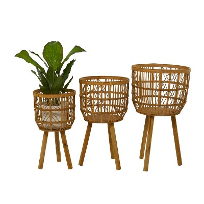 26" Wide 3pc Planters Bohemian Open Weave Bamboo Pots Brown ...