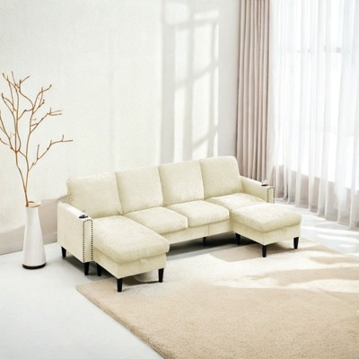 FONTOI Sectional Sofas, U-shaped Sofa with Storage Chaise, 3-Seat Sofa Couch with Cup Holders for Living Room Apartment, White, 101.06"*35.43"*52.36"