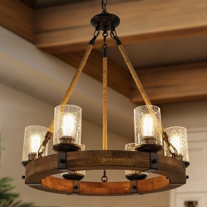 LNC Holmes 6-Lights 25" Modern Farmhouse Wagon Wheel Kitchen Island Pendant  Lights, Matte Black and  Brown Wood - 1 of 4