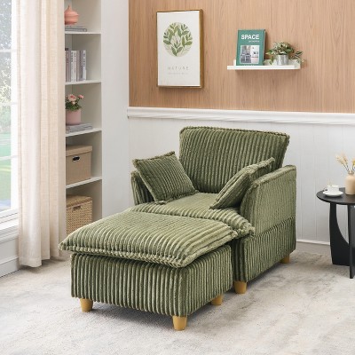 PAGED Modern 39 Inch Accent Chair and Ottoman Sets, Corduroy Fabric Sofa Chair with Cup Holder and 2 Pillows, Living Room Chair for Bedroom