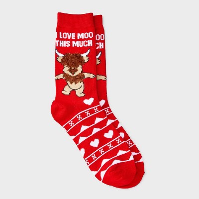 Women's Highland Cow 'I Love Moo This Much' Valentine's Day Crew Socks - Red/White 4-10