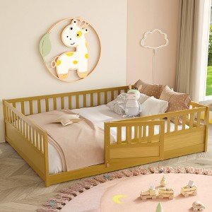 Lyngins Twin/Full Size Toddler Floor Bed,Montessori Floor Bed with High Security Barrier and Door,Floor Bed Frame for Bedroom,Wood Slats Support - 1 of 4
