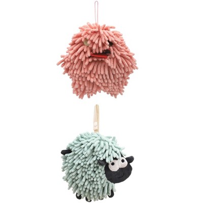 REGALWOVEN 2 Packs Cute Sheep Shape Absorbent Fast Drying Chenille Hand Towels with Hanging Loop 7" x 7"
