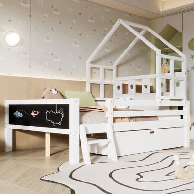 Full Size House Bed with Ladder and Storage Drawers for Kid Bedroom