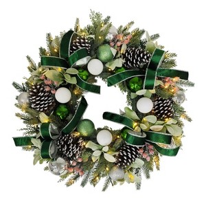 Puleo 26" Pre-Lit Artificial Green Ribbon Christmas Wreath - 1 of 4