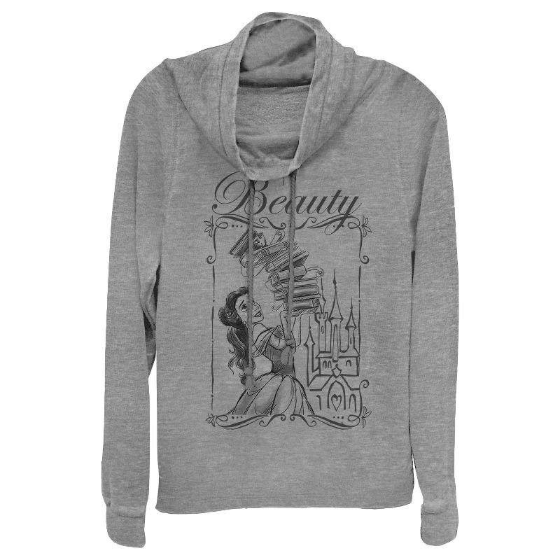 Juniors Womens Beauty and the Beast Belle Book Tower Cowl Neck Sweatshirt, 1 of 4