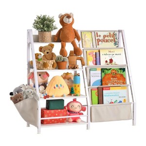 Ruvalino Decorative Bookshelf Kids Sling Bookcase with Side Pocket Toy Organizer for Nursery, White, 33.9"*11.8"*30.9" - 1 of 4