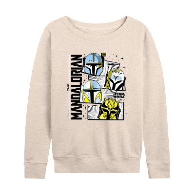 Women's - Star Wars - The Mandalorian Mando Helmet Grid Lightweight French Terry Wide Neck Long Sleeve Graphic Shirt