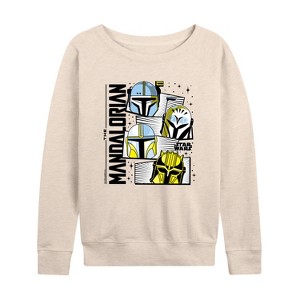 Women's - Star Wars - The Mandalorian Mando Helmet Grid Lightweight French Terry Wide Neck Long Sleeve Graphic Shirt - 1 of 4