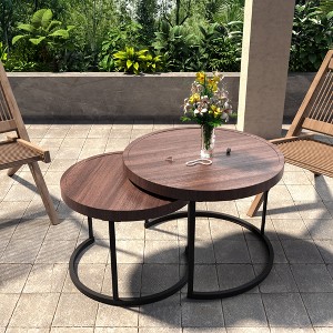YARDSIGHT Nesting Coffee Tables Set ¨C Round Wood Finish Accent Tables with Sturdy Metal Frame for Living Room or Lounge - 1 of 4