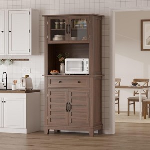 72" Tall Pantry Cabinet with Doors Drawer Freestanding Kitchen Hutch Coffee Bar, Adjustable Shelves, White Brown Wood Finish for Living Room Storage - 1 of 4