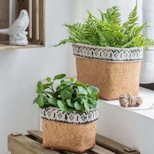 Moda Furnishings 2Pcs Outdoor Garden Rectangular Basket Planters with Geometric Trim - 1 of 4