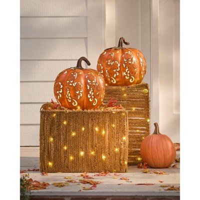 BrylaneHome Pre-Lit Carved Resin Pumpkin