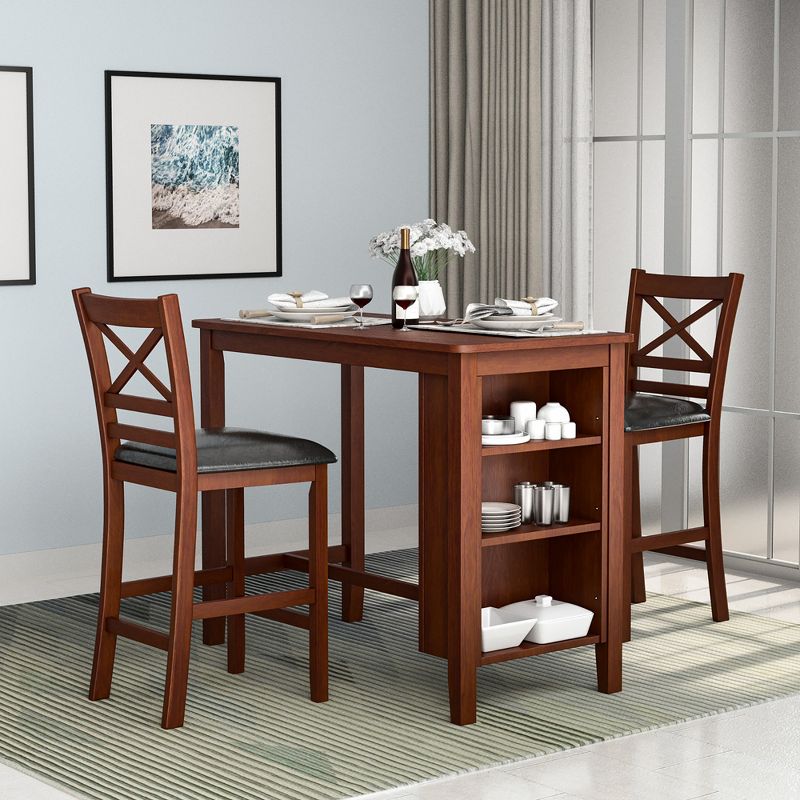 Costway 3PCS Pub Dining Table Set w/ Storage Shelves&2 Upholstered Chairs Walnut, 2 of 10