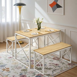 Dining Table Set for 4, Rectangle Dinner Breakfast Dinette with 2 Benches, 3 Piece, Dark Brown/Oak - 1 of 4