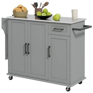 Kitchen Island with Wheels, Kitchen Island on Wheels with Drawer, 3 Cabinets, Stainless Steel Countertop - 1 of 4