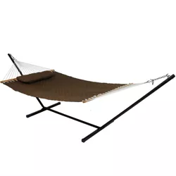Sunnydaze 2-Person Heavy-Duty Quilted Design Double Hammock with Stand - 350 lb Weight Capacity - Brown