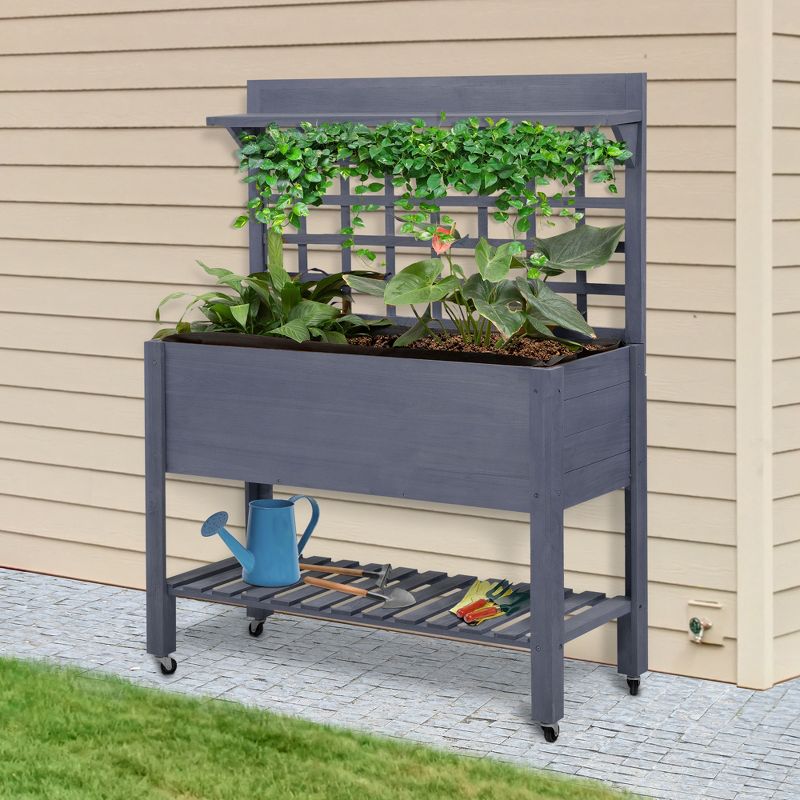 Outsunny 41'' Raised Garden Bed Mobile Elevated Wooden Planter Box Stand with Wheels, Trellis and Storage Shelf, 3 of 7