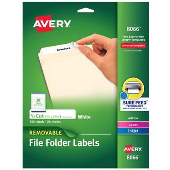 Avery Removable 1/3-Cut File Folder Labels Inkjet/Laser .66 x 3.44 White 750/PK 8066