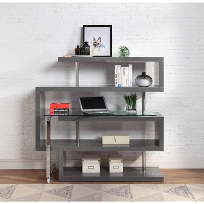 Sapphtopaz 4-Tier Bookcase with Chrome High Gloss Finish, Clear Glass Display Bookshelf Writing Desk with Shelf for Small Spaces, Office