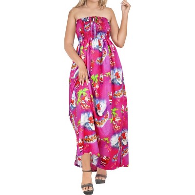 HAPPY BAY Women's A line Slit Maxi Casual Beach Vacation Dress Tube Top Evening Long Strapless Christmas Holiday Outfits for Women L-XL Pink Santa