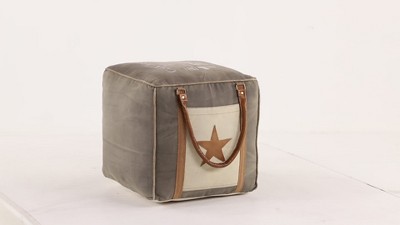 Gray Canvas and Leather Tufted Square Pouf, 19"