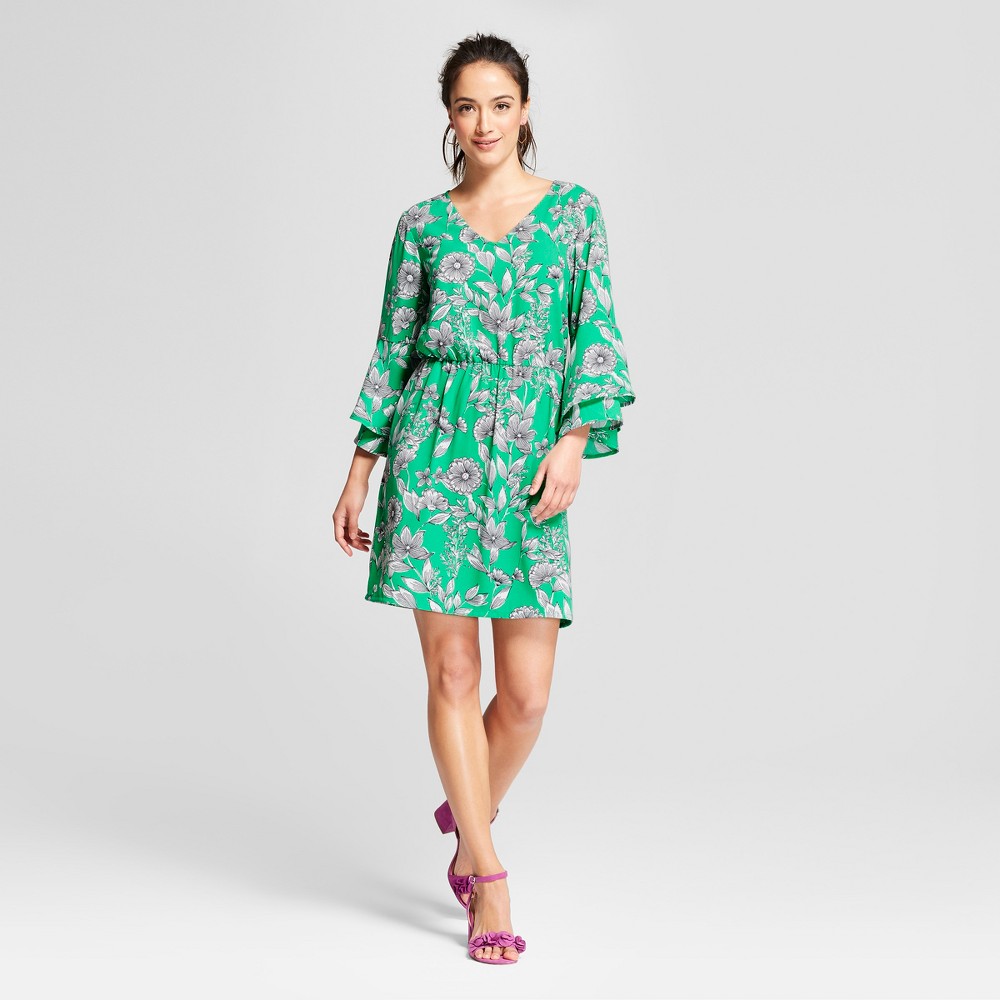 Women's Floral Tiered Bell Sleeve Dress - A New Day Green Xxl