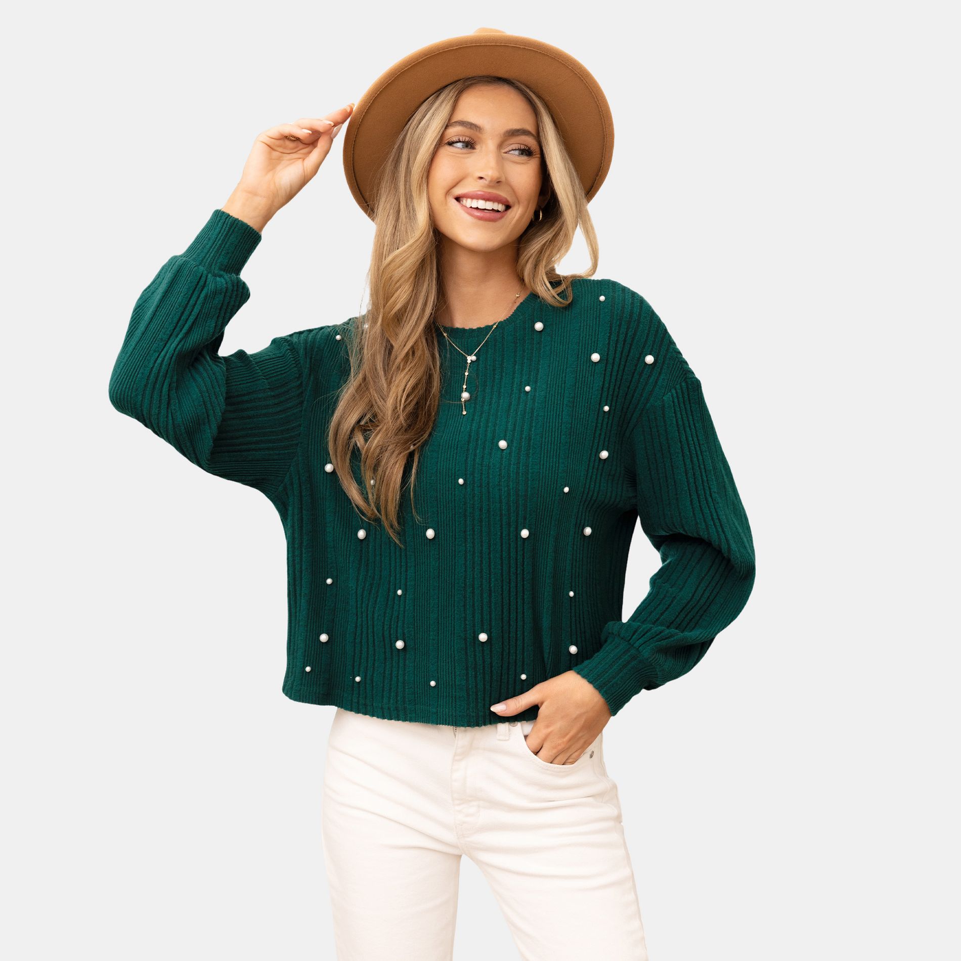 Women's Chic Pearl Embellished Ribbed Knit Sweater - Cupshe-M-Green