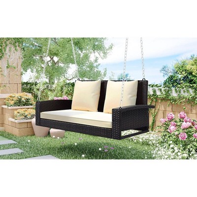 Grungis 2-Person Wicker Patio Swing Bench with Chains,Cushion,Pillow,Rattan Outdoor Swing for Pond,Garden,Courtyard