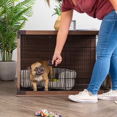 Medium Brown Wooden Dog Crate with Wire Sides