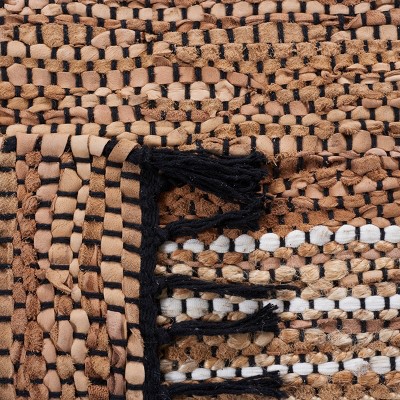 Brown and Natural Flatweave Striped Cotton Leather Rug