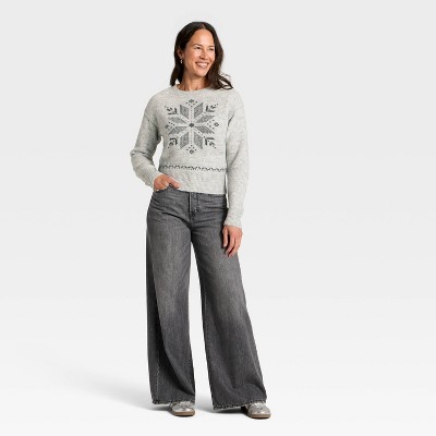 Women's Holiday Crewneck Pullover Sweater - Universal Thread' Gray Snowflakes - image 3