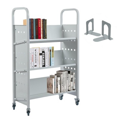 Library Book Cart, 3-Layer v-Shaped Single Sided Book Cart with 4 Wheels