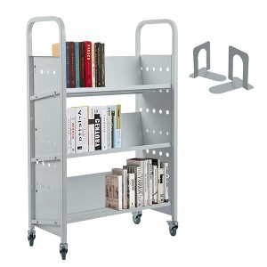 Library Book Cart, 3-Layer v-Shaped Single Sided Book Cart with 4 Wheels - 1 of 4