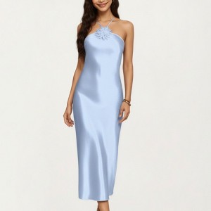 Anna-Kaci Lounge Women's Strapless Midi Slip Dress with Floral Appliqué Halter Detail and Sleek Smooth Silhouette - 1 of 4