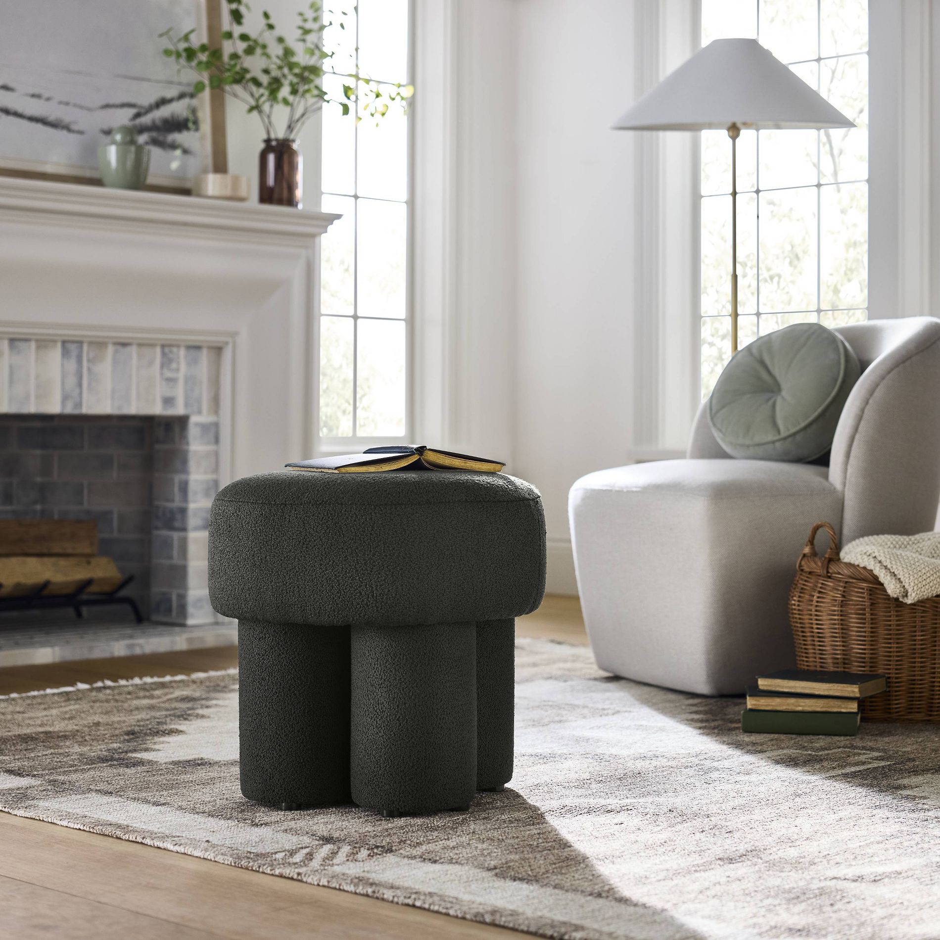 Boucle Fully Upholstered Accent Ottoman Stool Black - Threshold™: Round Padded Bench, Wood Legs, No Assembly Required
